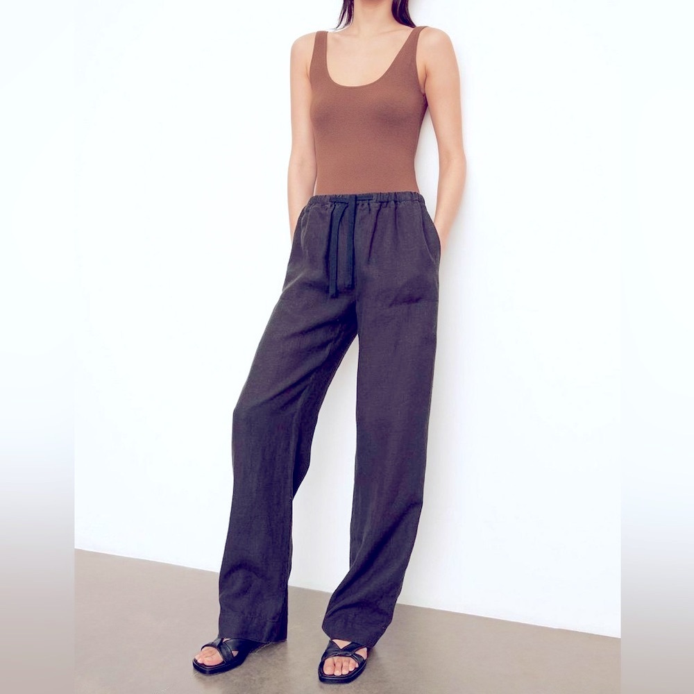 Vince Hemp Linen Wide Leg Tie Front Pants Navy Lightweight Trousers Womens Small